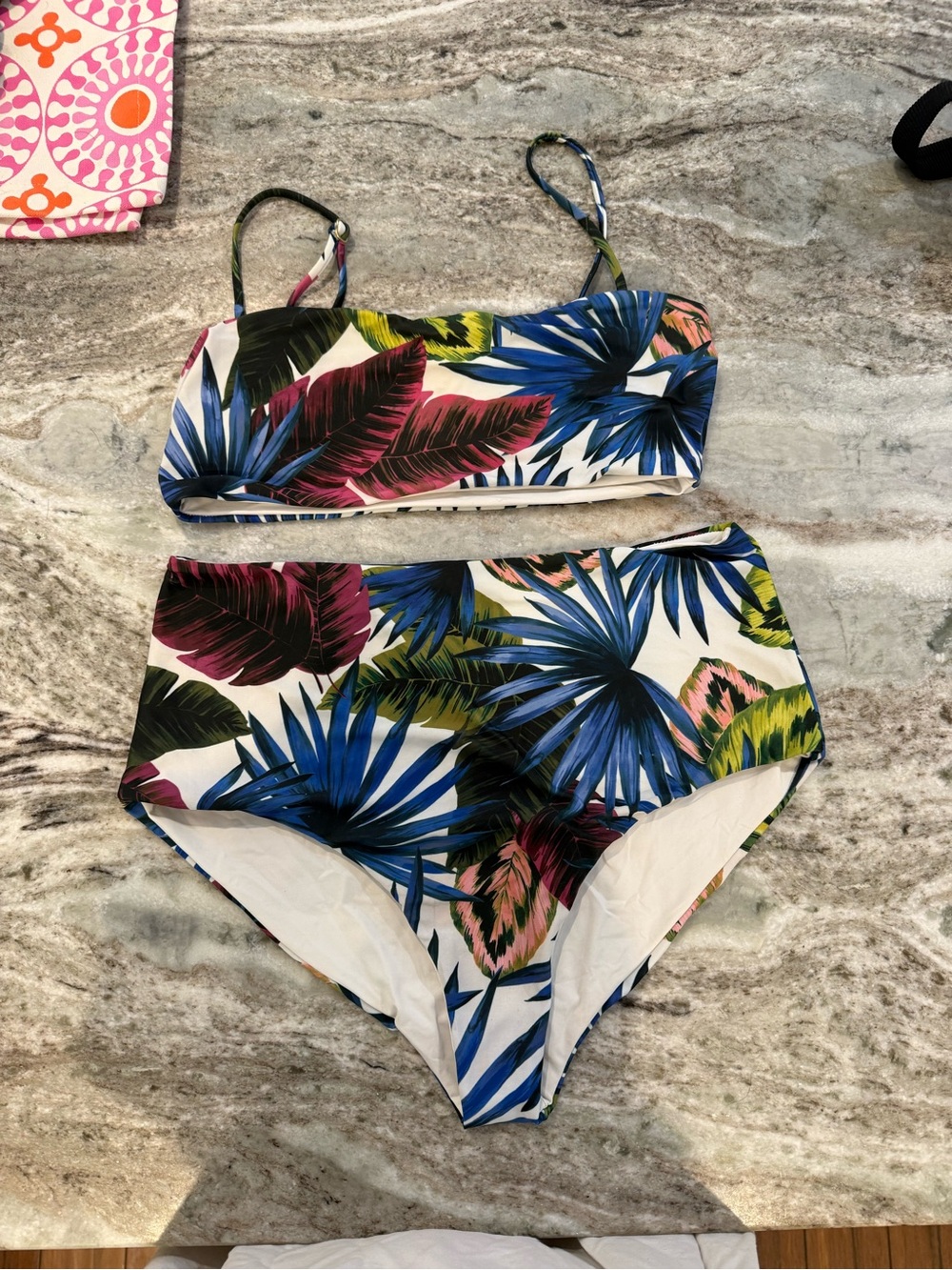 l*space Tropical Leaf Print High-Waist Bikini in Blue, Green, Pink